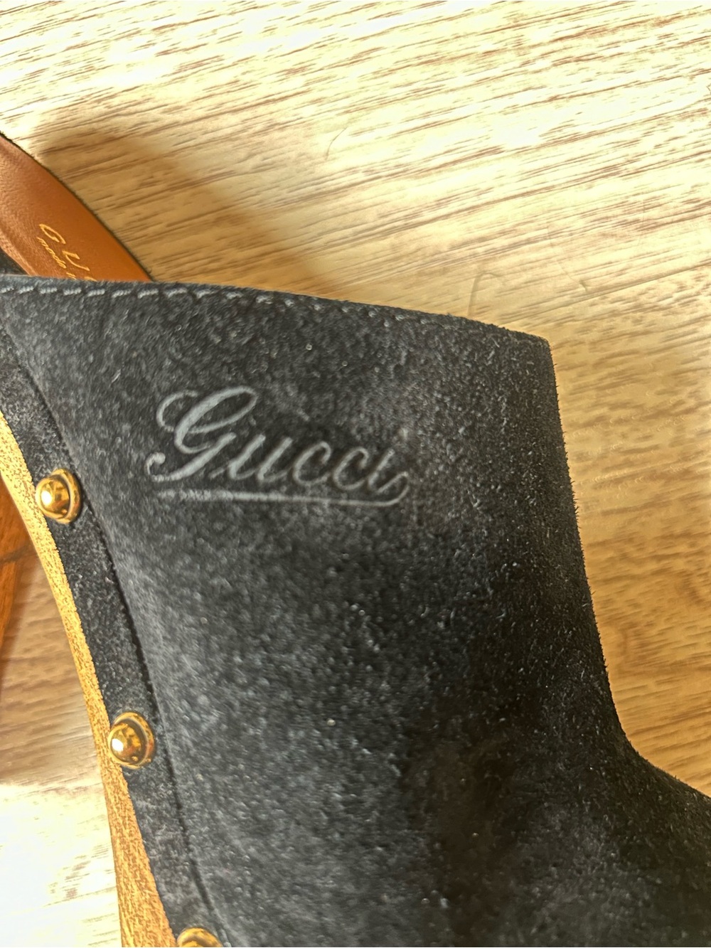 Gucci Black Suede Gold-Stud Wood Platform Mules - Picture 4 of 6